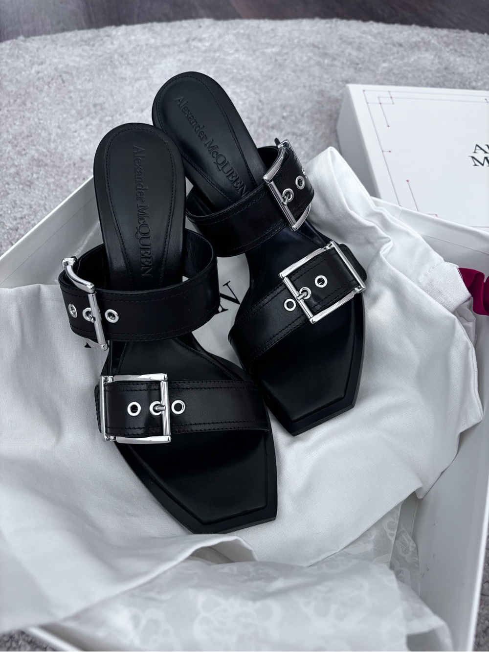 Alexander McQueen Black Leather Buckle Mule Sandals